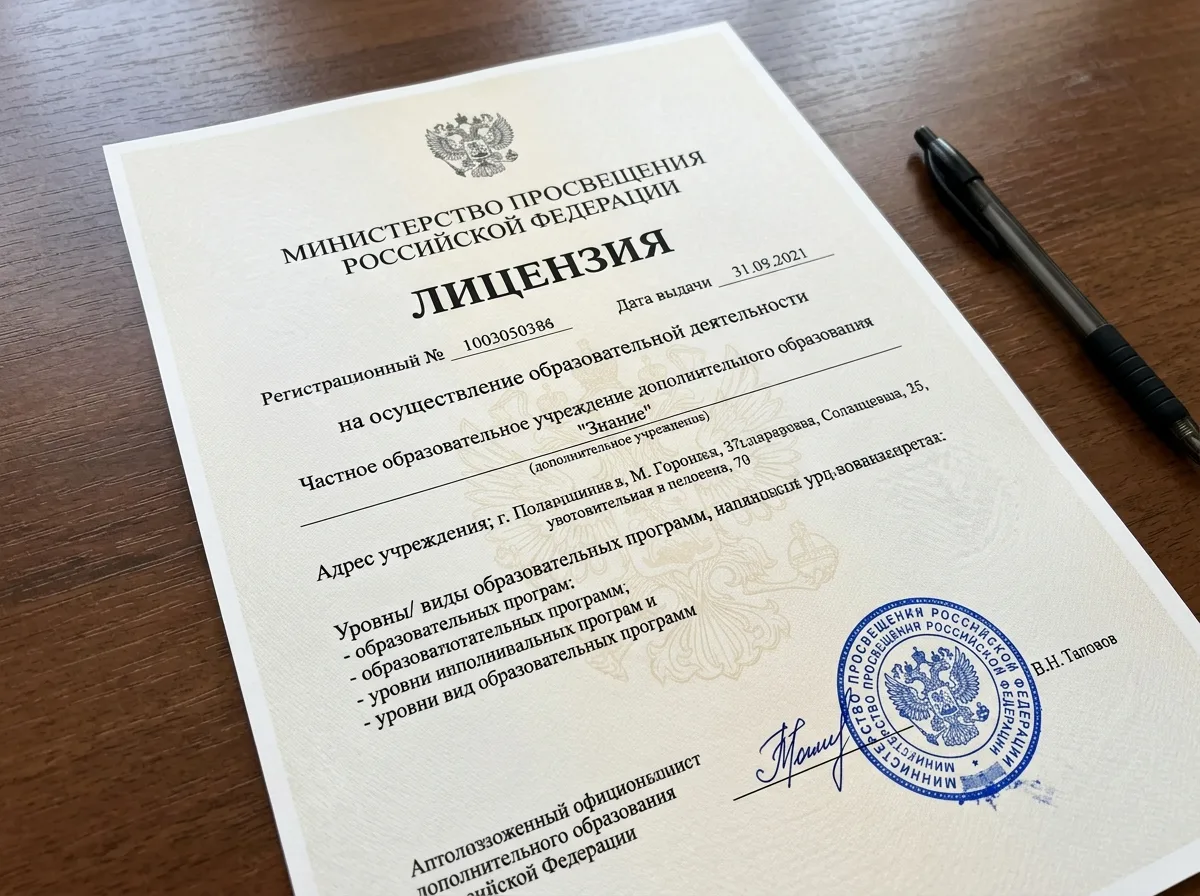 Образовательная лицензия Министерства просвещения РФ — официальный документ на бланке гербовой бумаги с синей печатью