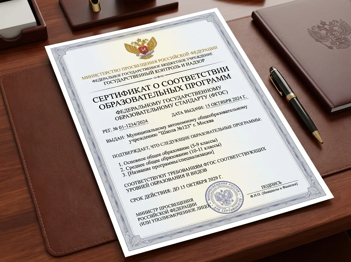 Сертификат соответствия образовательных программ федеральному государственному образовательному стандарту ФГОС — документ с логотипом Министерства просвещения